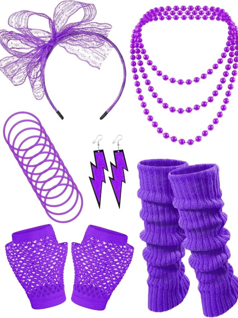 80s Retro Fancy Dress Costume Set - Headband, Earrings, Fishnet Gloves, Leg